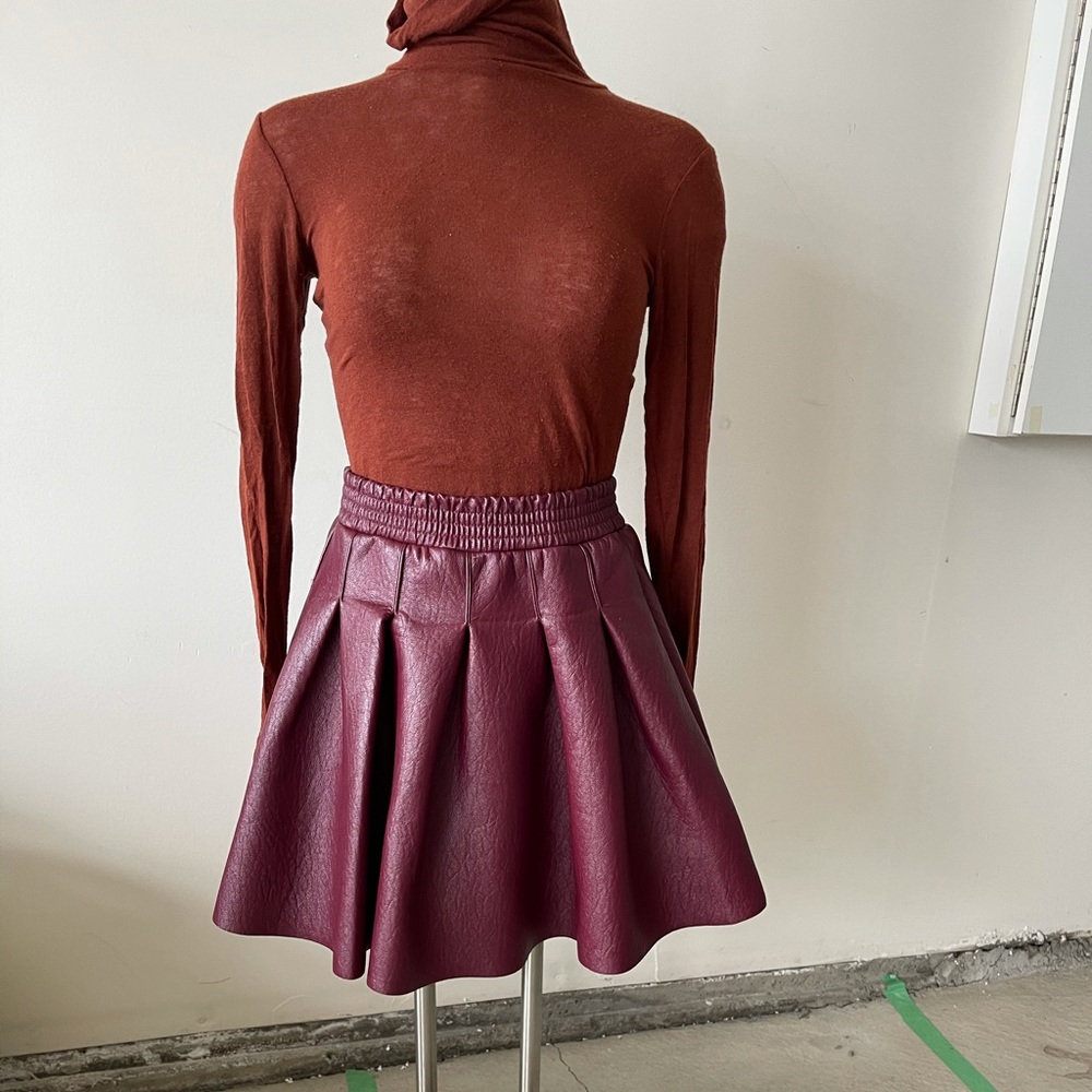 Burgundy Pleather pleated A-line Mini skirt